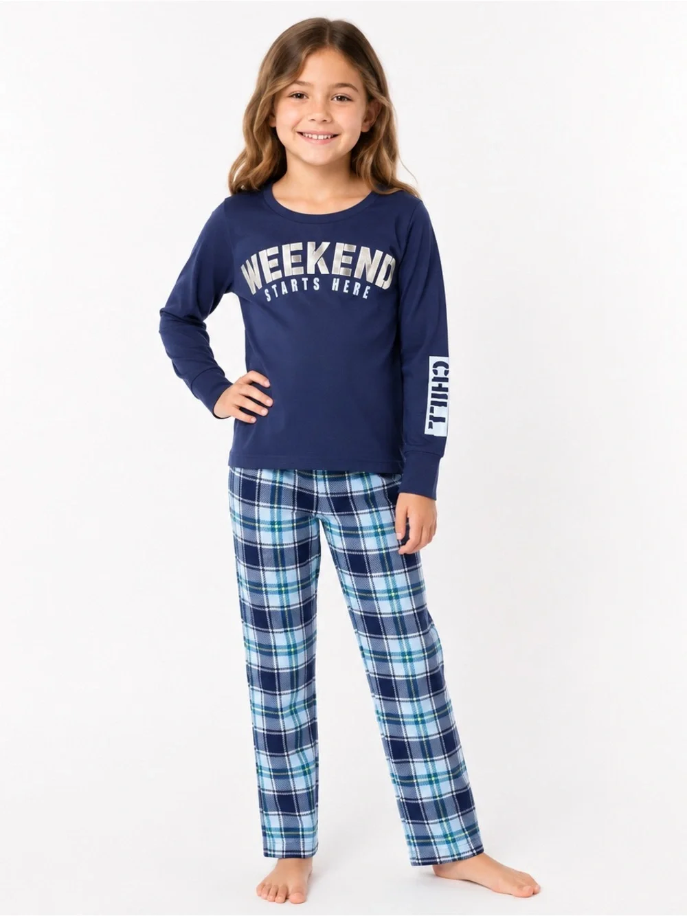 Max & Olivia Girls Blue Plaid Pajama Set Weekend Starts Here Size 6/7